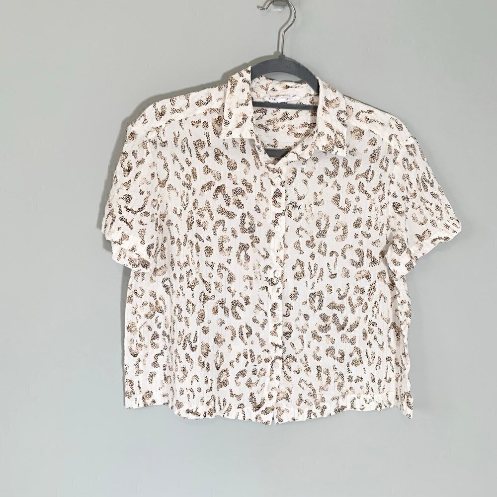 Jane + Delancey Womens Leopard Print Metallic Lurex Short Sleeve Button Up Shirt